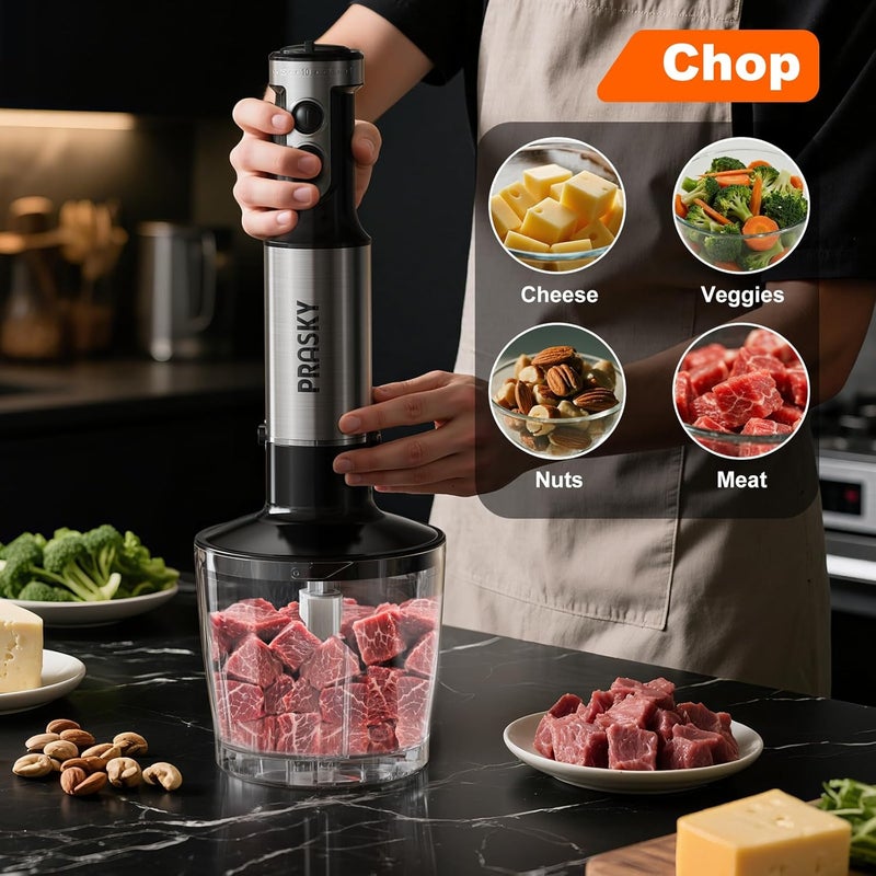 Prasky Immersion Blender Handheld Hand Blenders, 20 Speed & Turbo Mode Hand Held Blender, Heaviest Duty Copper Motor, Stainless Steel Blades, Milk Frother Wand, Whisk, 600ml Beaker, 500ml Chopper (Black) - Image 5